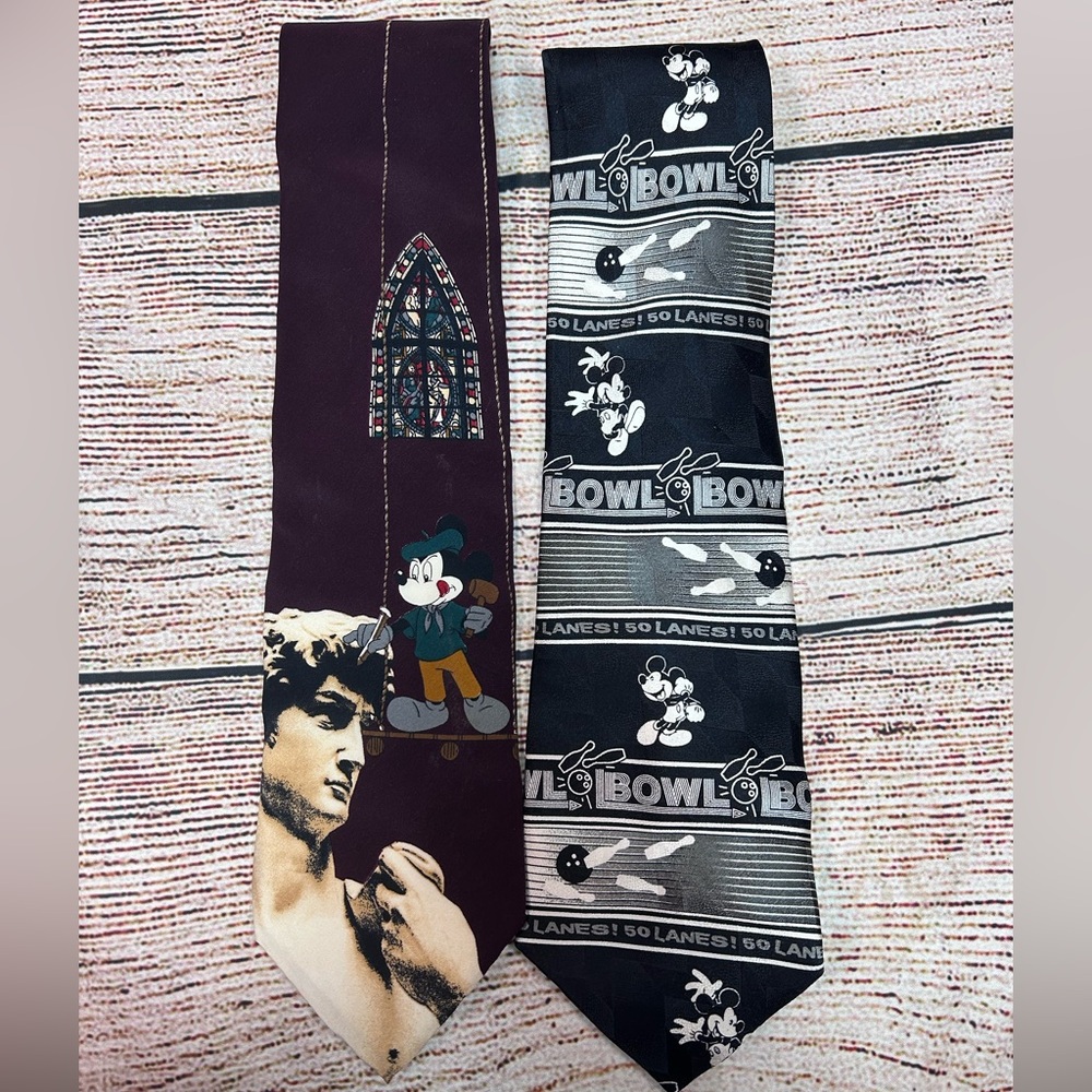 Vintage Disney & Art Silk Necktie Lot Mickey Mouse Bowling + Michelangelo David